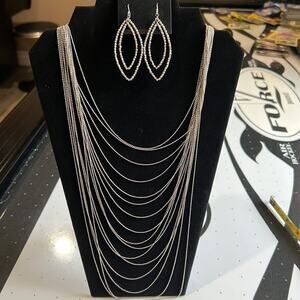 SILVER Necklace multi layers with dangly silver earrings, stylish and trendy